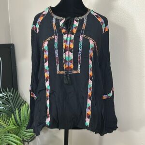 ANTIK BATIK Dawi blouse in black colorful embroidery boho top Women’s size XS